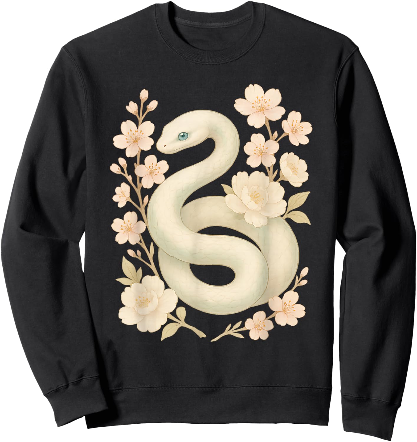 Elegant White Mint Snake with Peony Cherry Blossom Flowers Sweatshirt - Sweatshirt | Black
