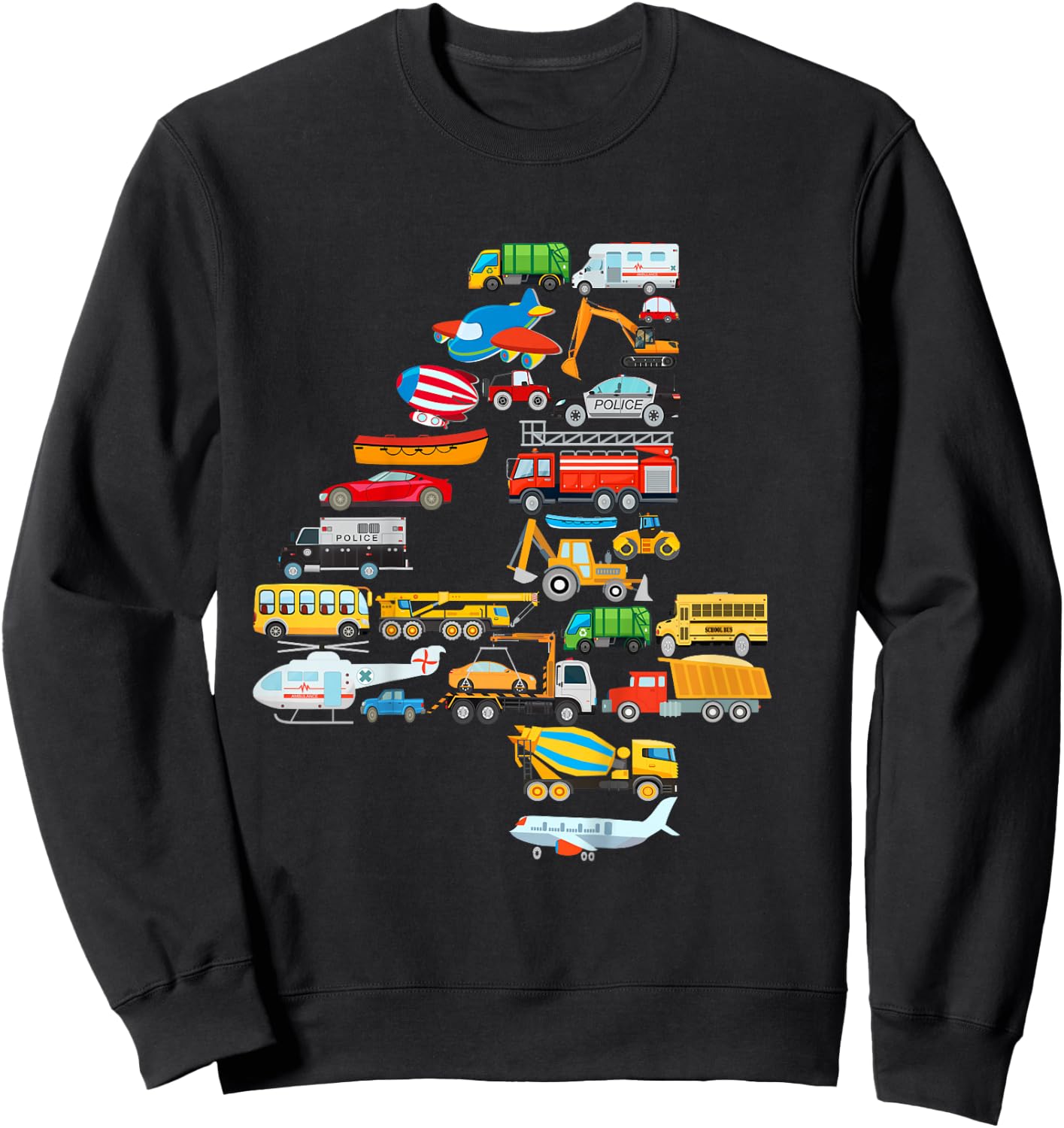 Kids 4th Birthday For Boys Cars Vehicles Fire Truck Airplane Sweatshirt - Sweatshirt | Black