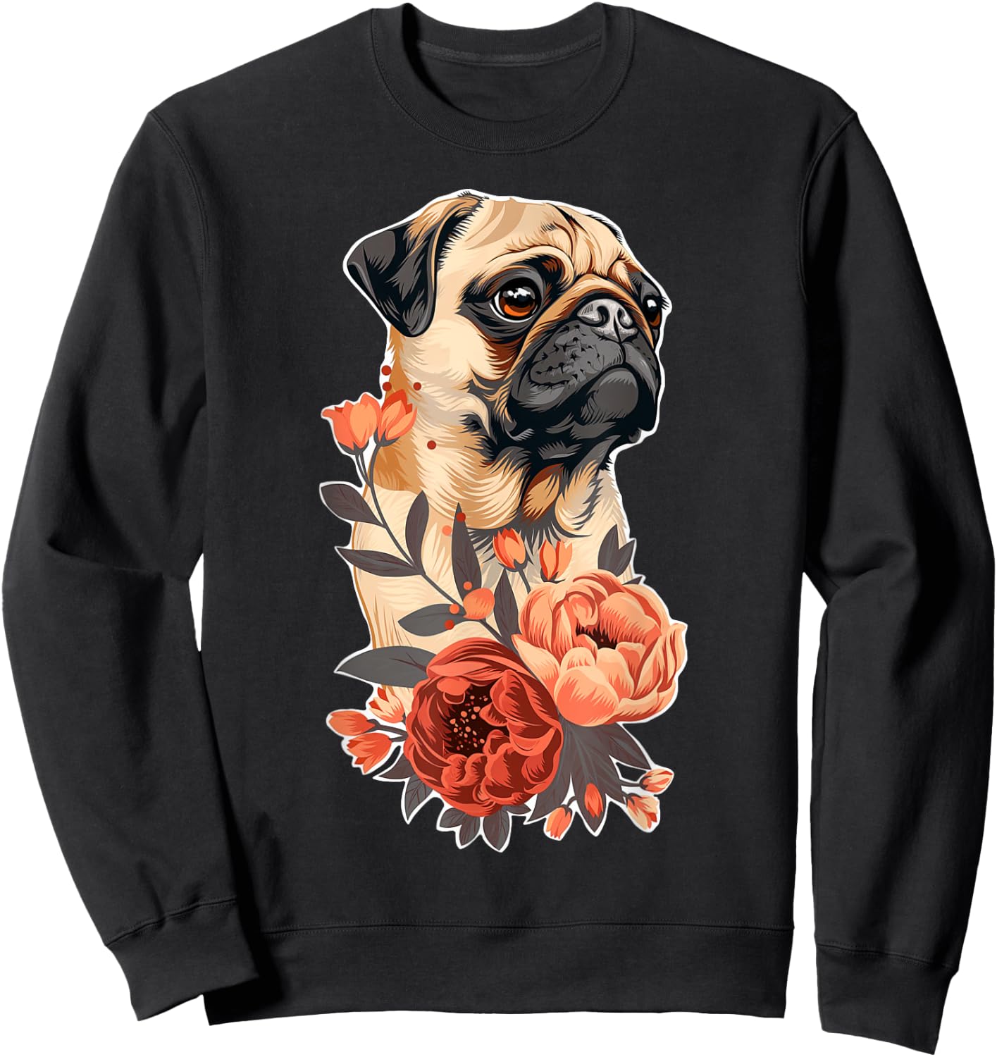Cute Pug Dog Flowers Pug Sweatshirt - Sweatshirt | Black