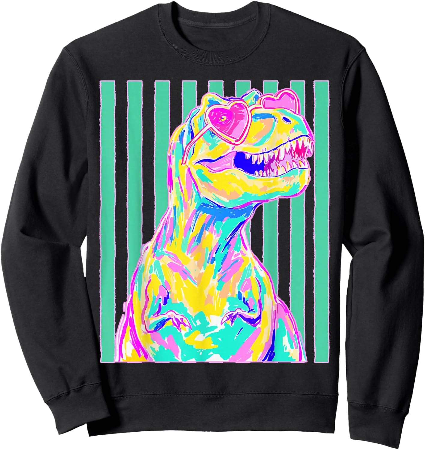 Cute T-rex with Heart Sunglasses Dinosaur Summer Stripes Sweatshirt - Sweatshirt | Black