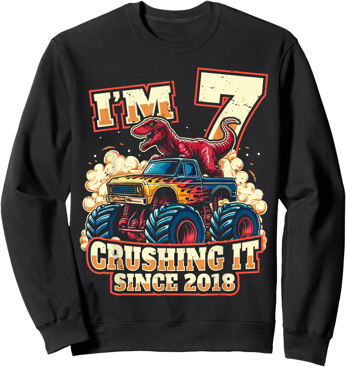 7 Year Old Boys 7th Birthday Dinosaur Monster Truck Party Sweatshirt - Sweatshirt | Black