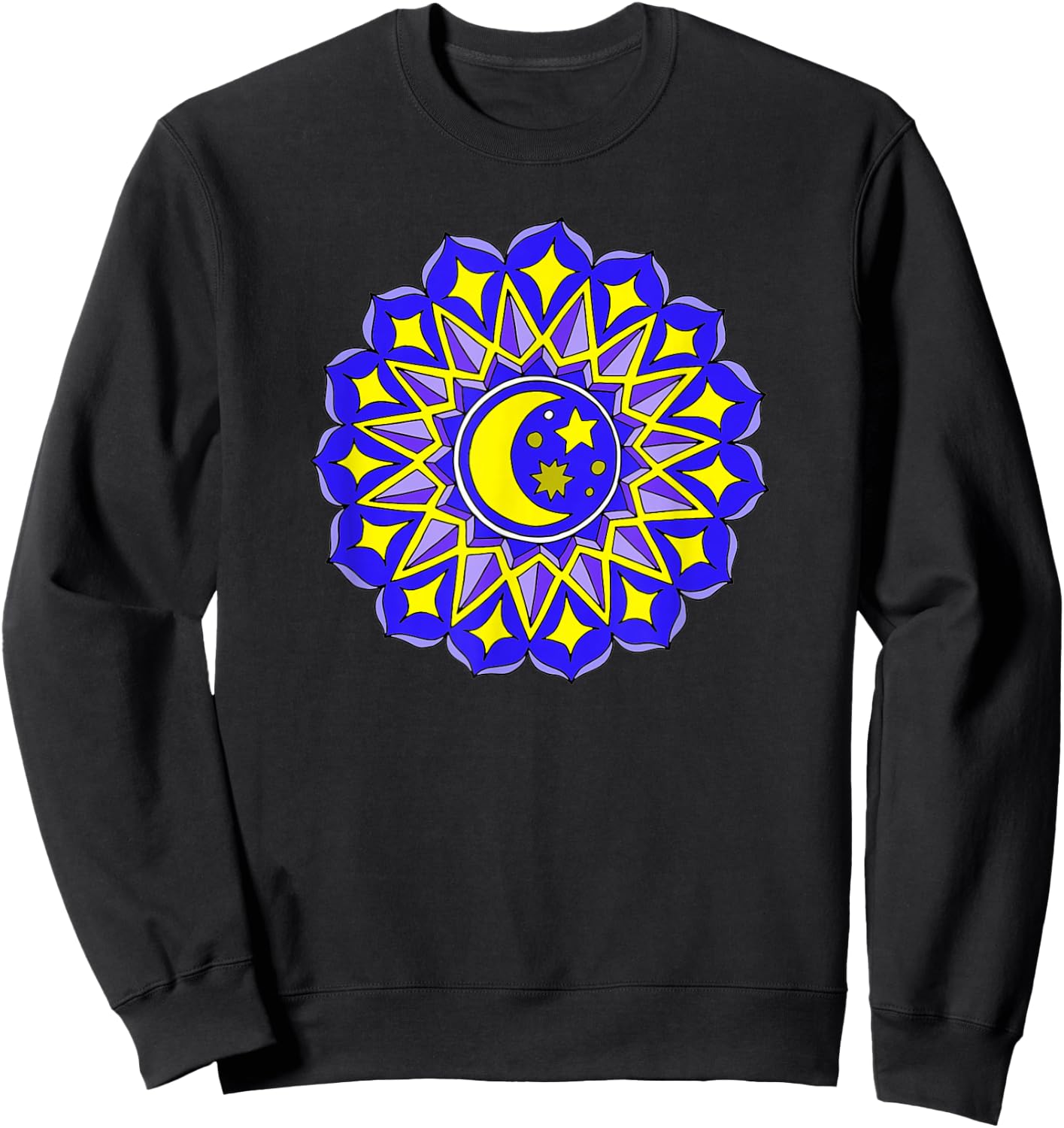 Mandala Moon Stars Blue Yellow Yoga Design Hindu Buddhist Sweatshirt - Sweatshirt | Black
