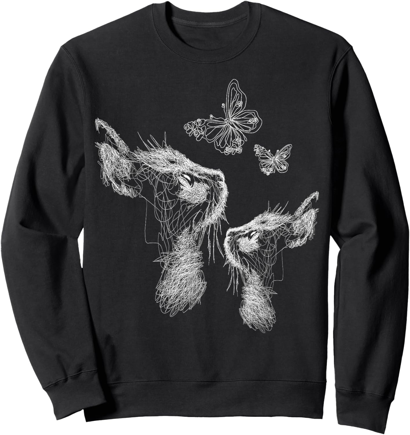 Cat with Kitten and Butterflies Scribble Art , black Sweatshirt - Sweatshirt | Black