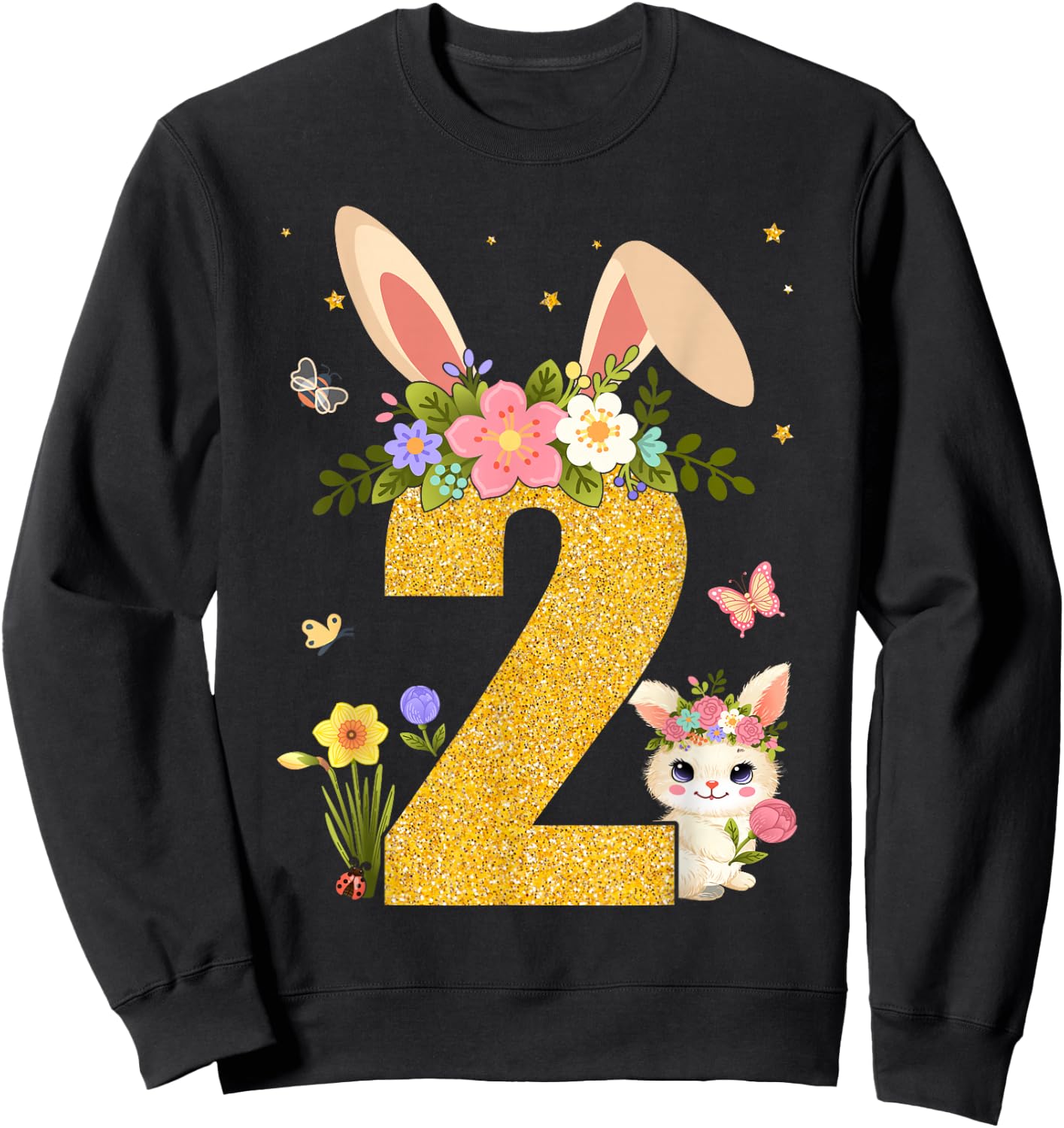 2nd Birthday Rabbit Two Year Old Sweet Baby Bunny Ears Sweatshirt - Sweatshirt | Black