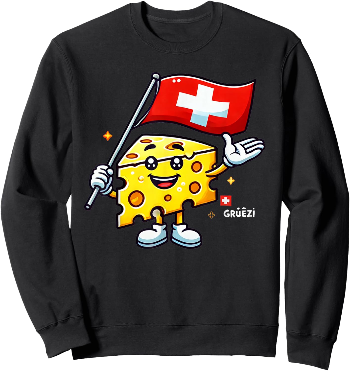 Grüezi - Funny Swiss Cheese Cartoon Switzerland National Day Sweatshirt - Sweatshirt | Black