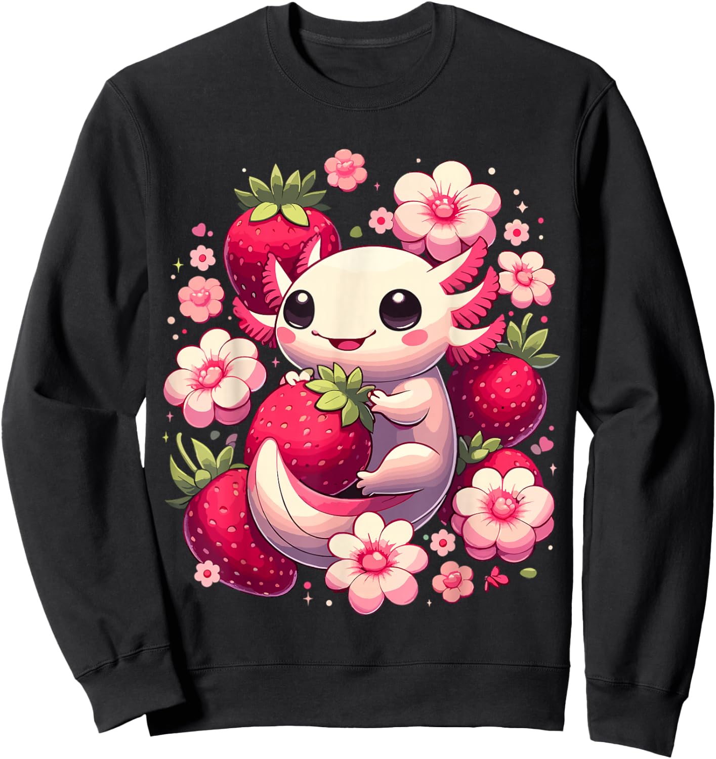 Cute Axolotl Kawaii Anime Axolotl Strawberry , Black, S Sweatshirt - Sweatshirt | Black