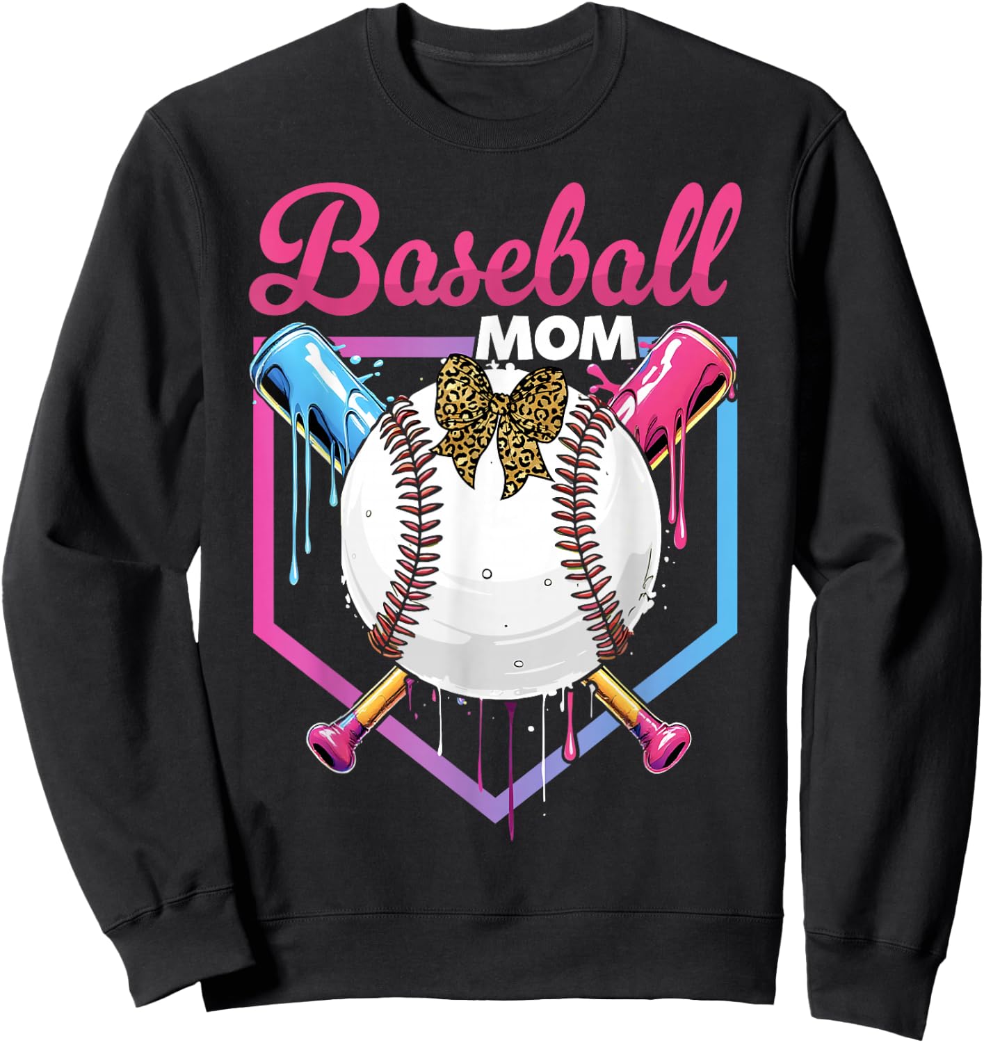 Baseball Drip Mom Cute Bow Baseball Women Mother's Day Sweatshirt - Sweatshirt | Black