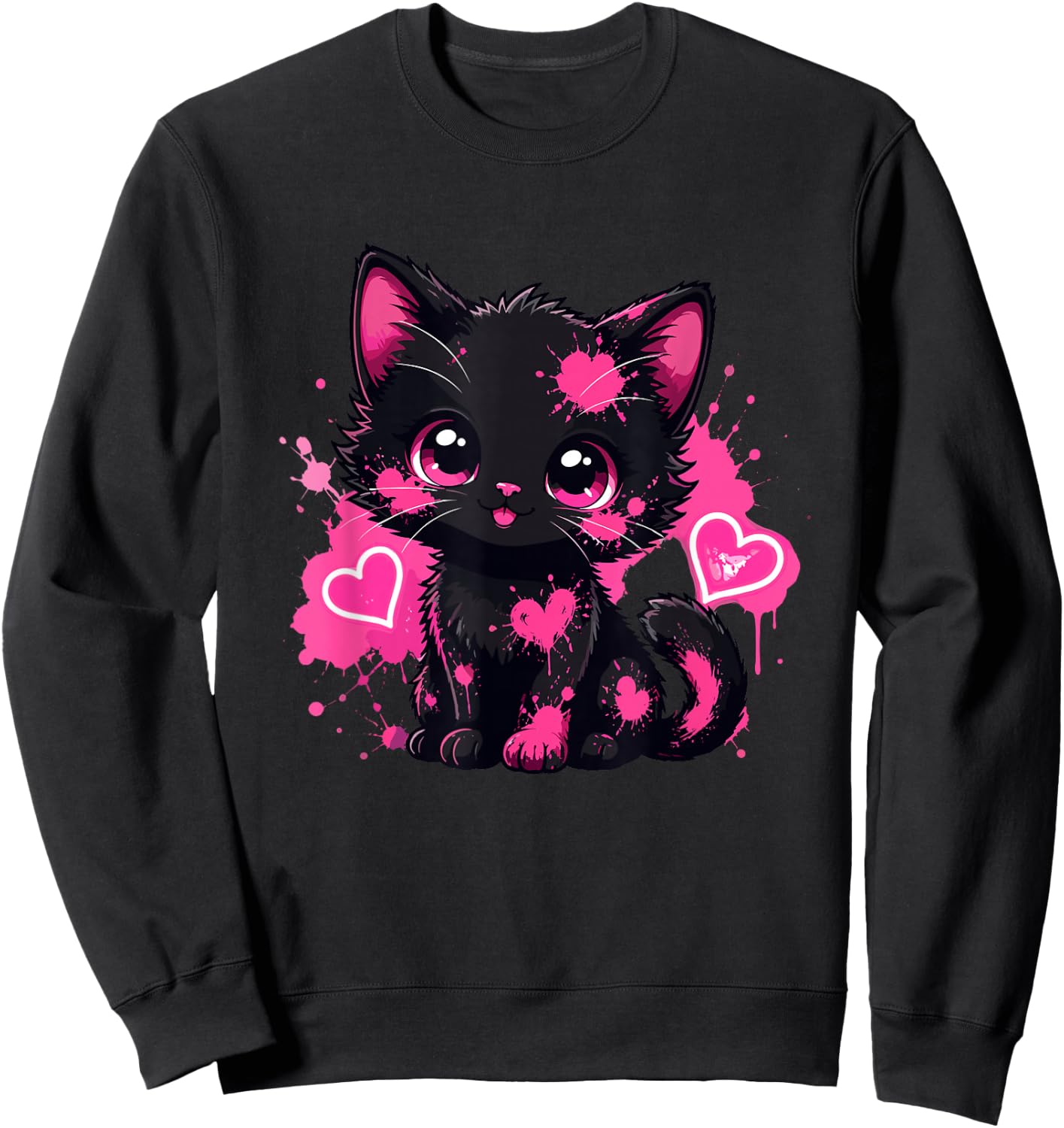 Kawaii Black Kitten Pink Paint Heart Lover Sweatshirt - Sweatshirt | Black