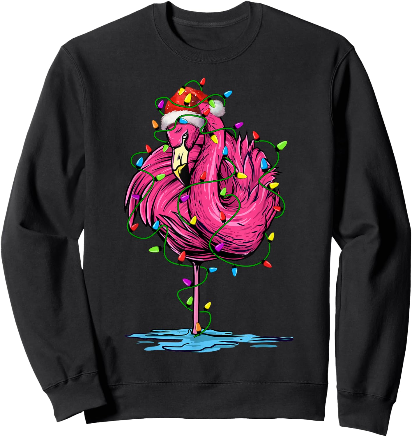 Flamingo Santa Christmas Tree Lighting Xmas Funny Sweatshirt - Sweatshirt | Black