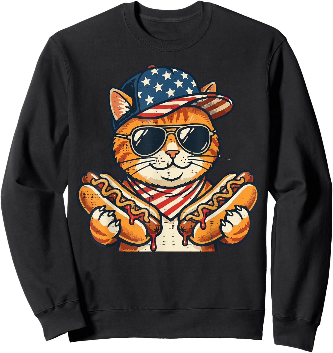 4th of July Cat Hotdog US Flag Cap Patriotic Men Women Kids Sweatshirt - Sweatshirt | Black