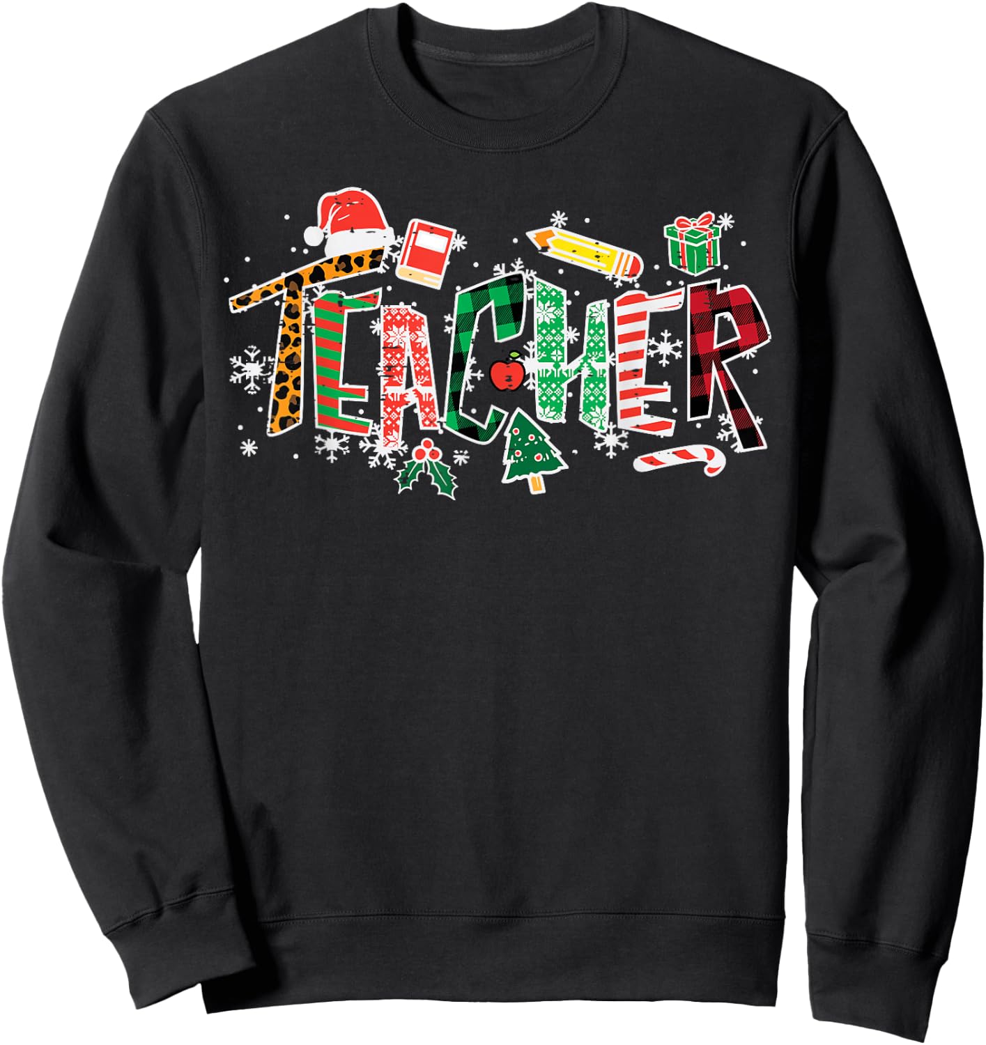 Leopard Buffalo Plaid Teacher Christmas School Xmas Women Sweatshirt - Sweatshirt | Black