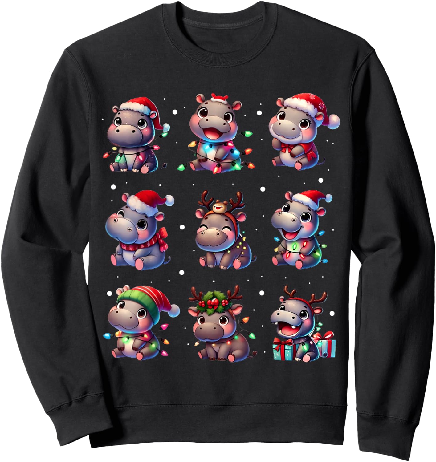 Cute Hippo in Christmas Lights Funny Xmas Gifts Kid Women PJ Sweatshirt - Sweatshirt | Black