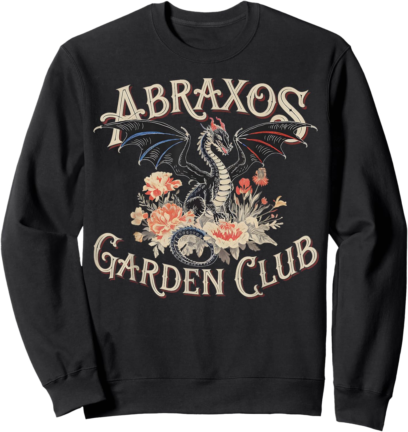 Abraxos Garden Club Dragon Vintage Fantasy Floral Pattern Sweatshirt - Sweatshirt | Black