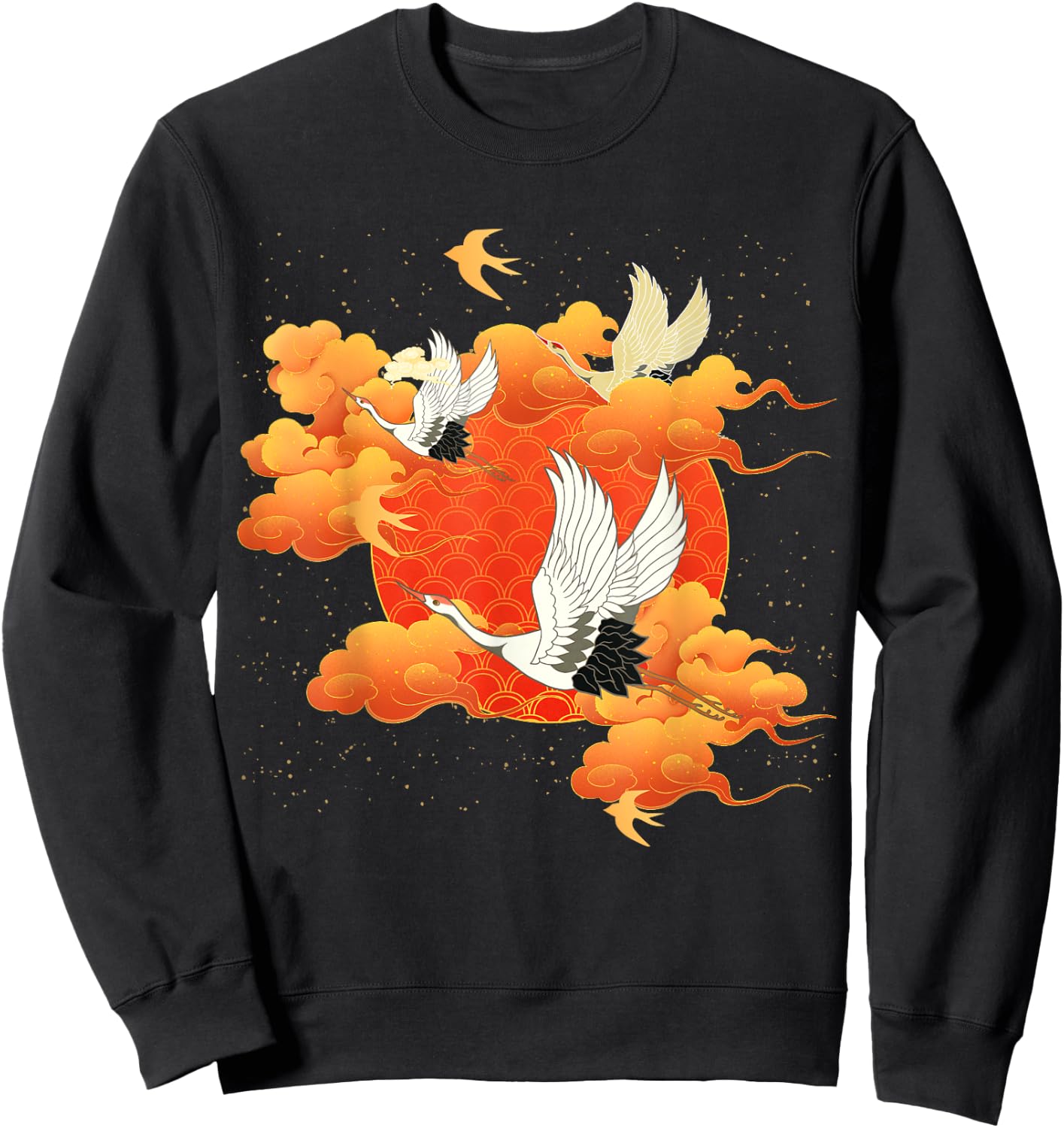 Flying Crane Bird Red Clouds and Sun Japanese Chinese Art Sweatshirt - Sweatshirt | Black
