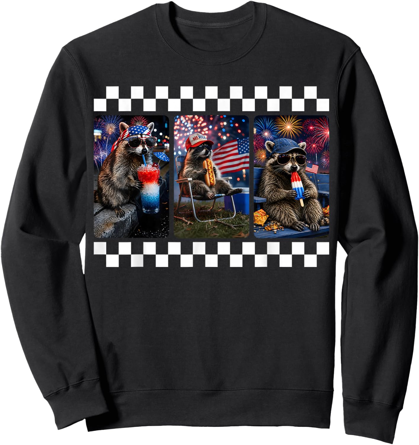 Funny Raccoon 4th of July Fireworks Patriotic USA Men Women Sweatshirt - Sweatshirt | Black