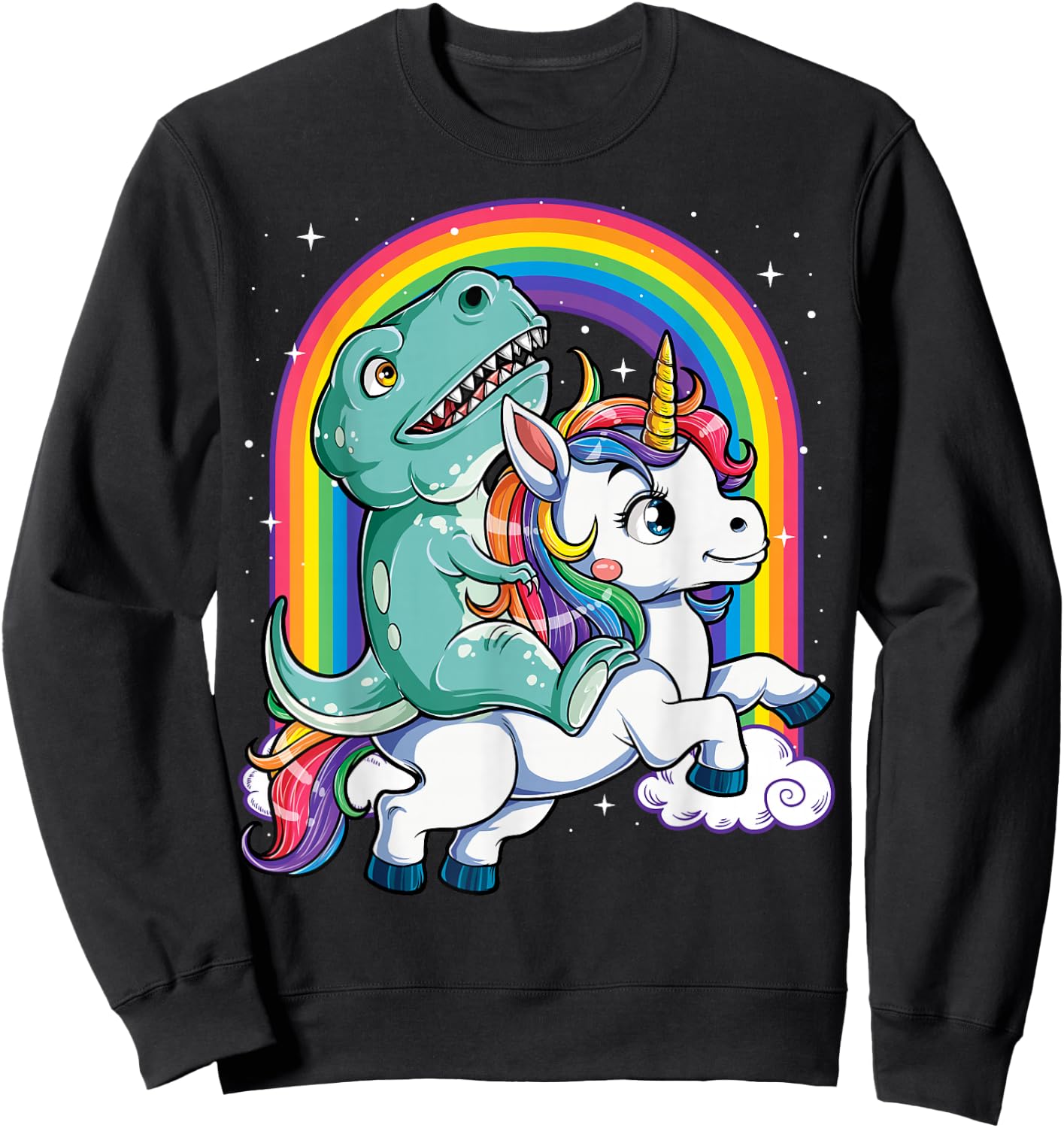 Dinosaur Riding Unicorn Funny T-rex Boys Men Rainbow Galaxy Sweatshirt - Sweatshirt | Black