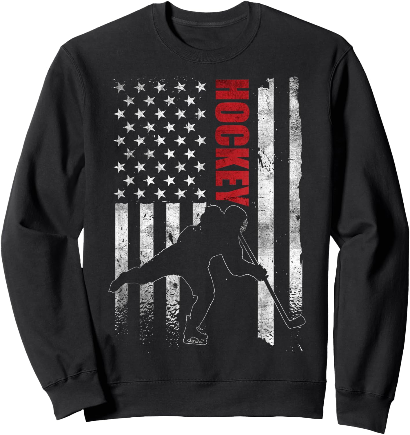 Vintage Ice Hockey American Flag Ice Hockey Player 4th July Sweatshirt - Sweatshirt | Black