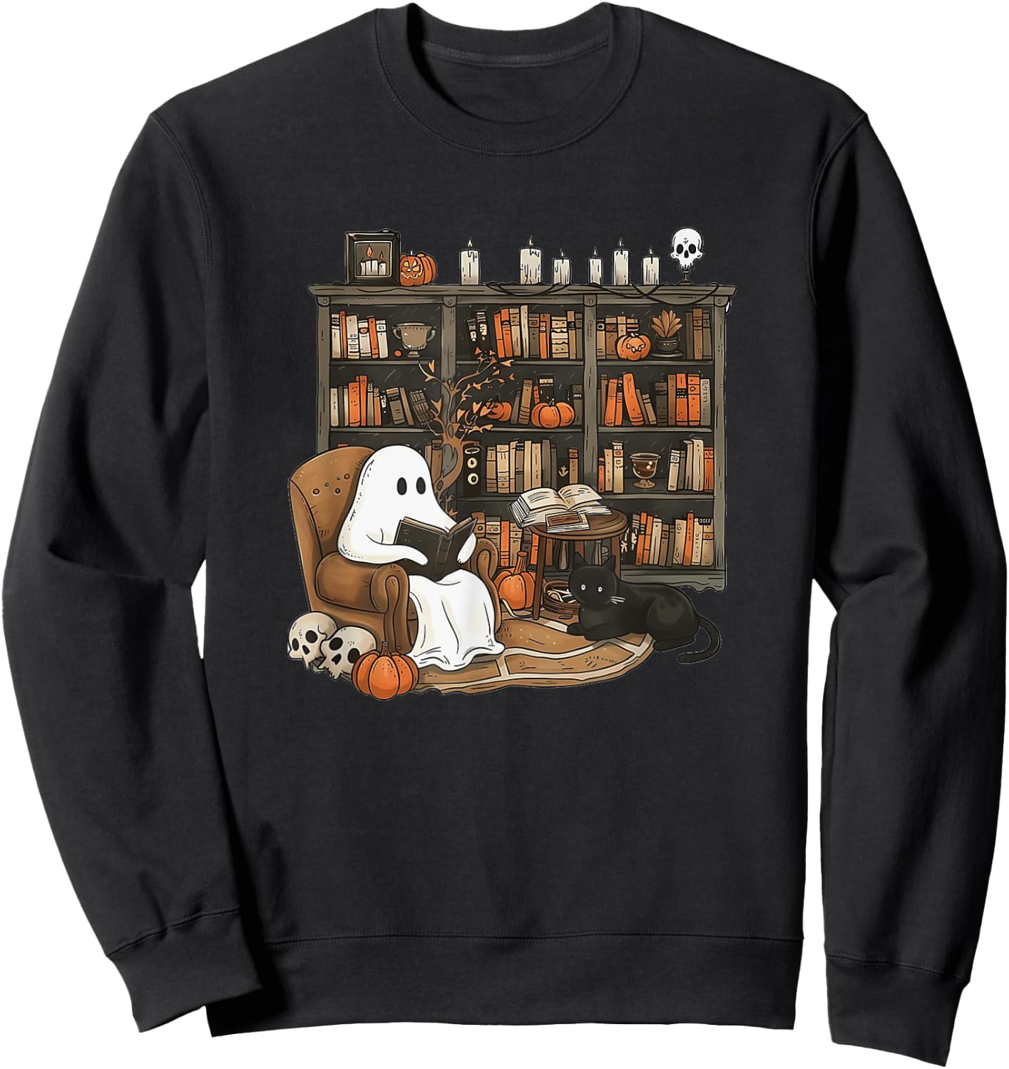 Retro Ghost Reading Books, Librarian Ghost Halloween Sweatshirt - Sweatshirt | Black
