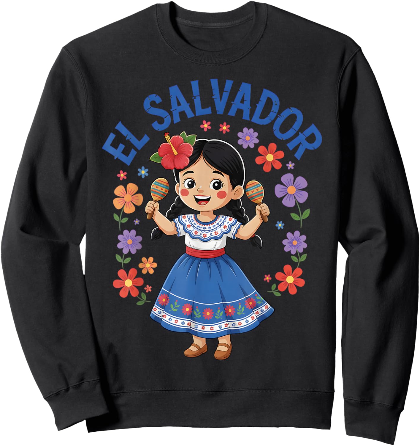 El Salvador Girl Maracas Traditional Dress Flowers Sweatshirt - Sweatshirt | Black