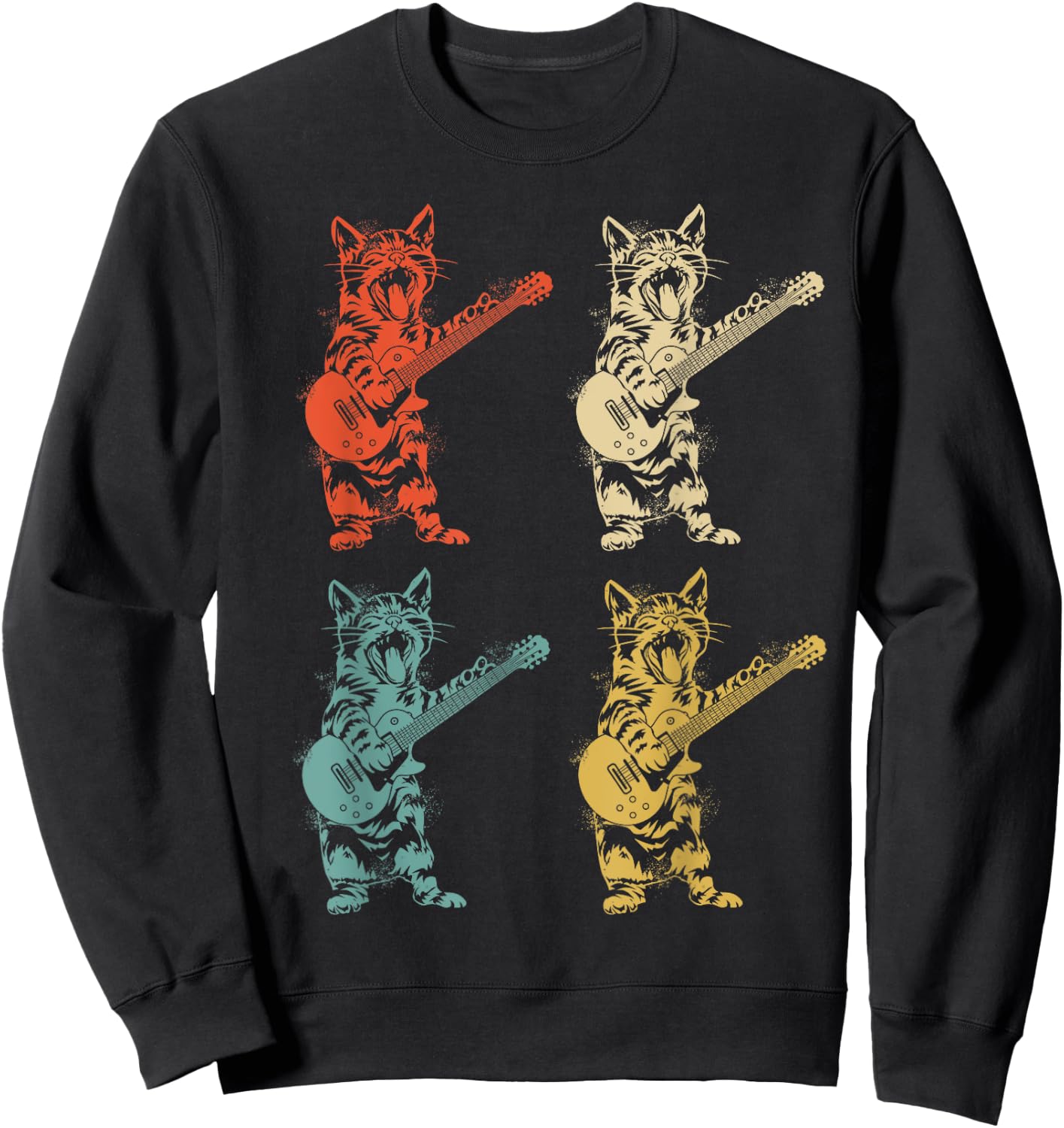 Retro Cat Rocker Kitty Plays Guitar Rockstar Guitarist , Black Sweatshirt - Sweatshirt | Black