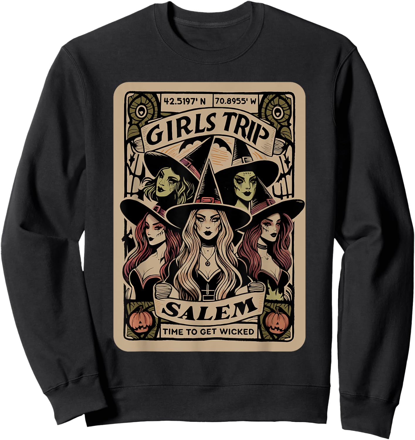 Girls Trip to Salem Time To Get Wicked Tarot Card Halloween Sweatshirt - Sweatshirt | Black
