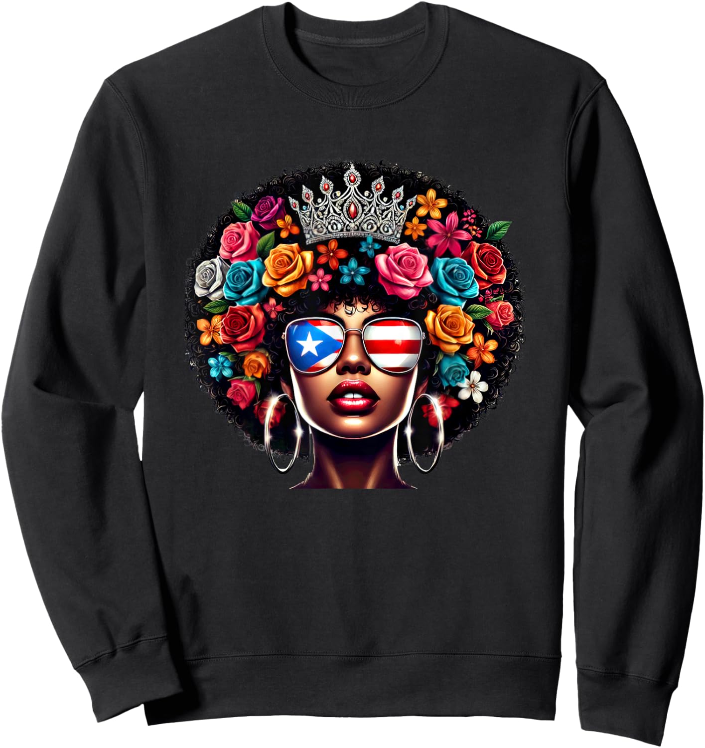Afro Boricua Queen Crown Flowers Sunglasses Puerto Rico Flag Sweatshirt - Sweatshirt | Black