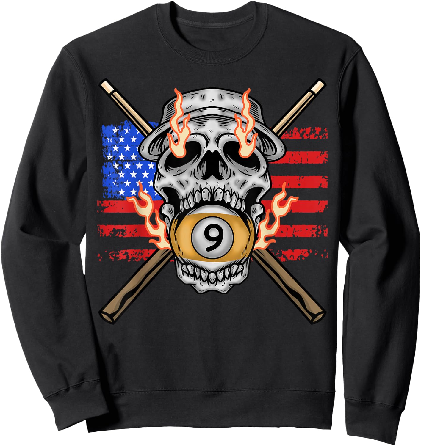 9 Ball Billiard Pool Player American Flag Skull Billiards Sweatshirt - Sweatshirt | Black