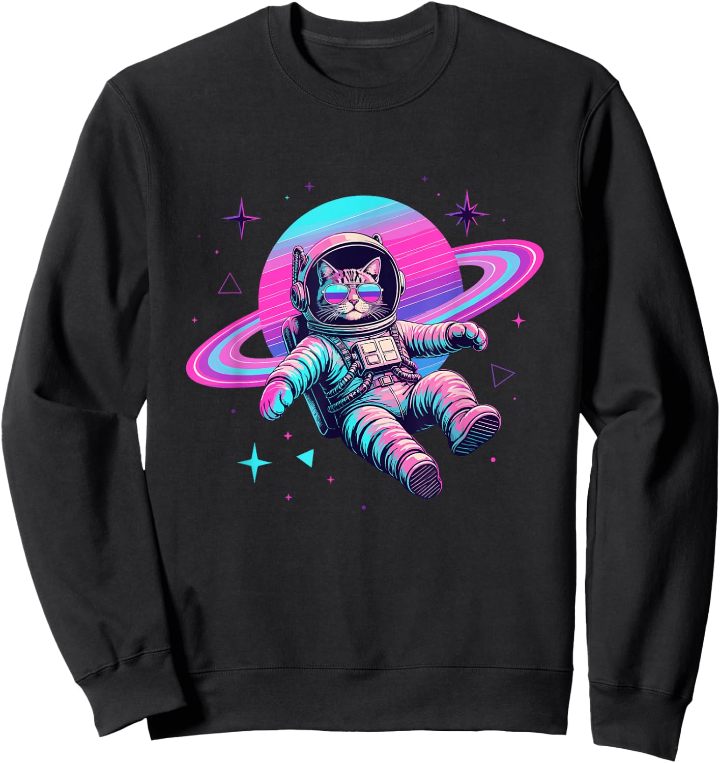 Galaxy Space Cat Astronaut with Planet Rings Sweatshirt - Sweatshirt | Black