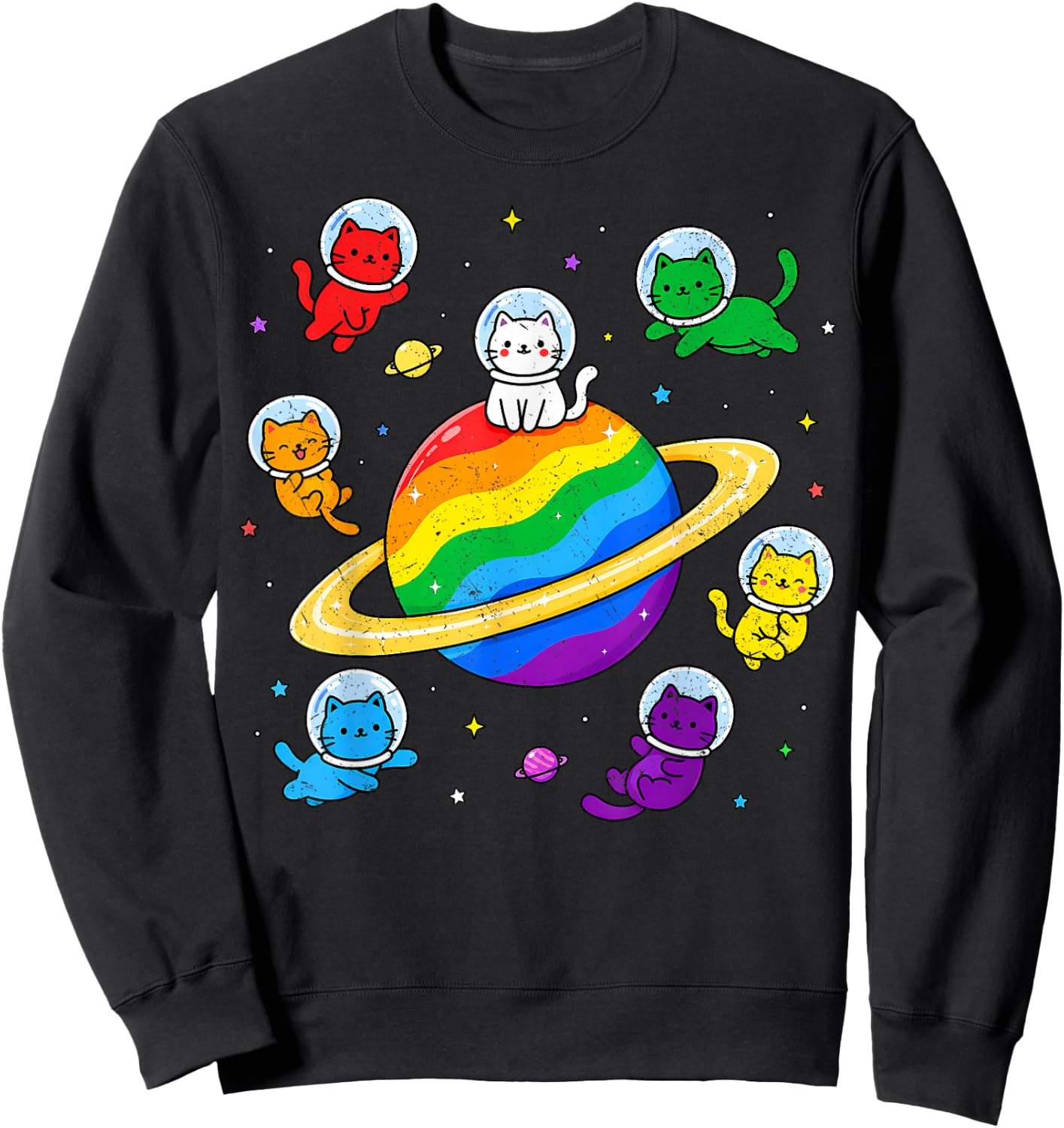 Cute Kawaii Cats Rainbow Space Cat LGBTQ Flag Gay Pride Ally Sweatshirt - Sweatshirt | Black