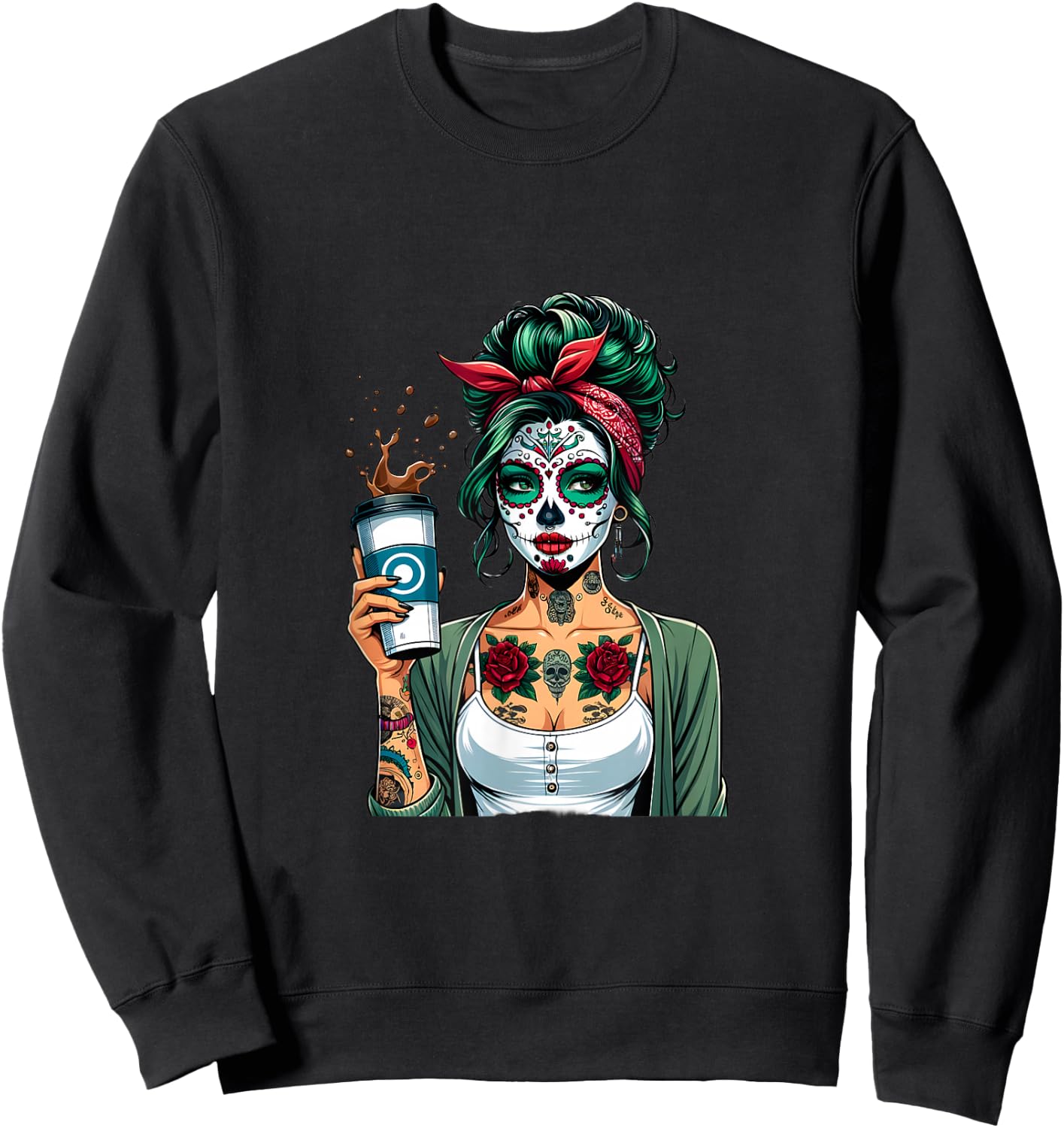 Retro Woman Diva Coffee Skull Make-Up Vintage Pin-Up Sweatshirt - Sweatshirt | Black