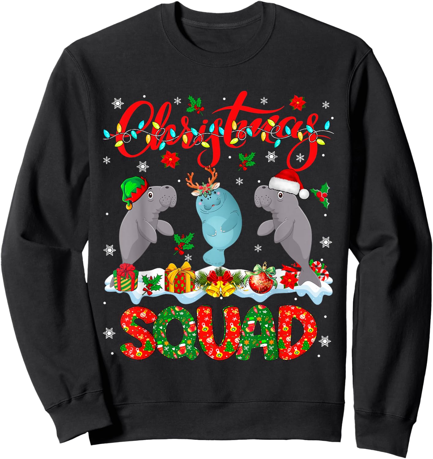 Christmas Squad Three Santa Reindeer Elf Manatees Xmas Sweatshirt - Sweatshirt | Black