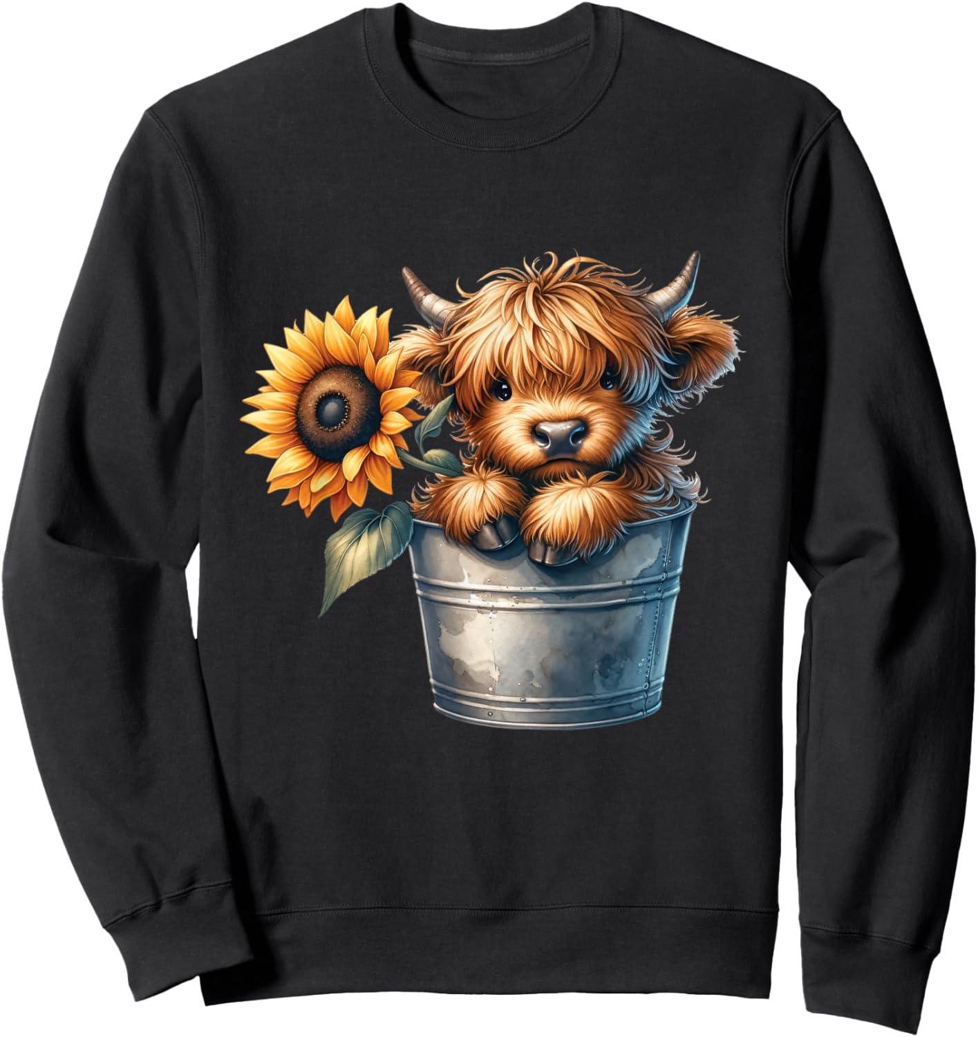 Highland Cow in Bucket, Sunflower Pattern, Floral , Black, S Sweatshirt - Sweatshirt | Black