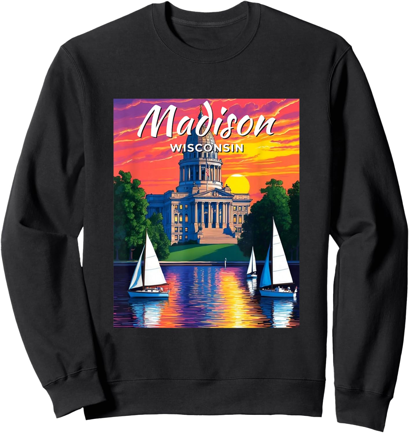 Madison Skyline Wisconsin State Capitol Sailboats Vintage Sweatshirt - Sweatshirt | Black