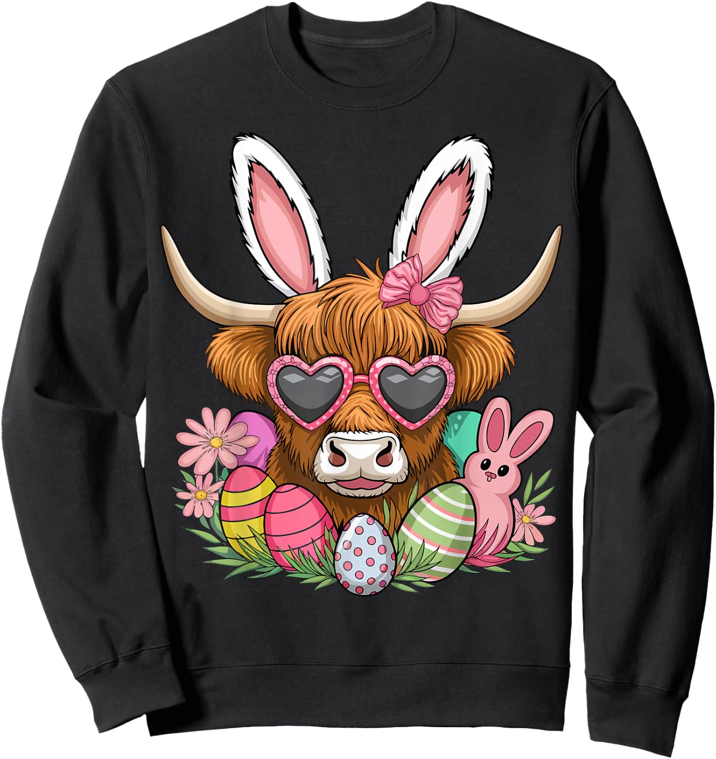 Easter Bunny Highland Cow Farmer Women Girls Easter Day Sweatshirt - Sweatshirt | Black