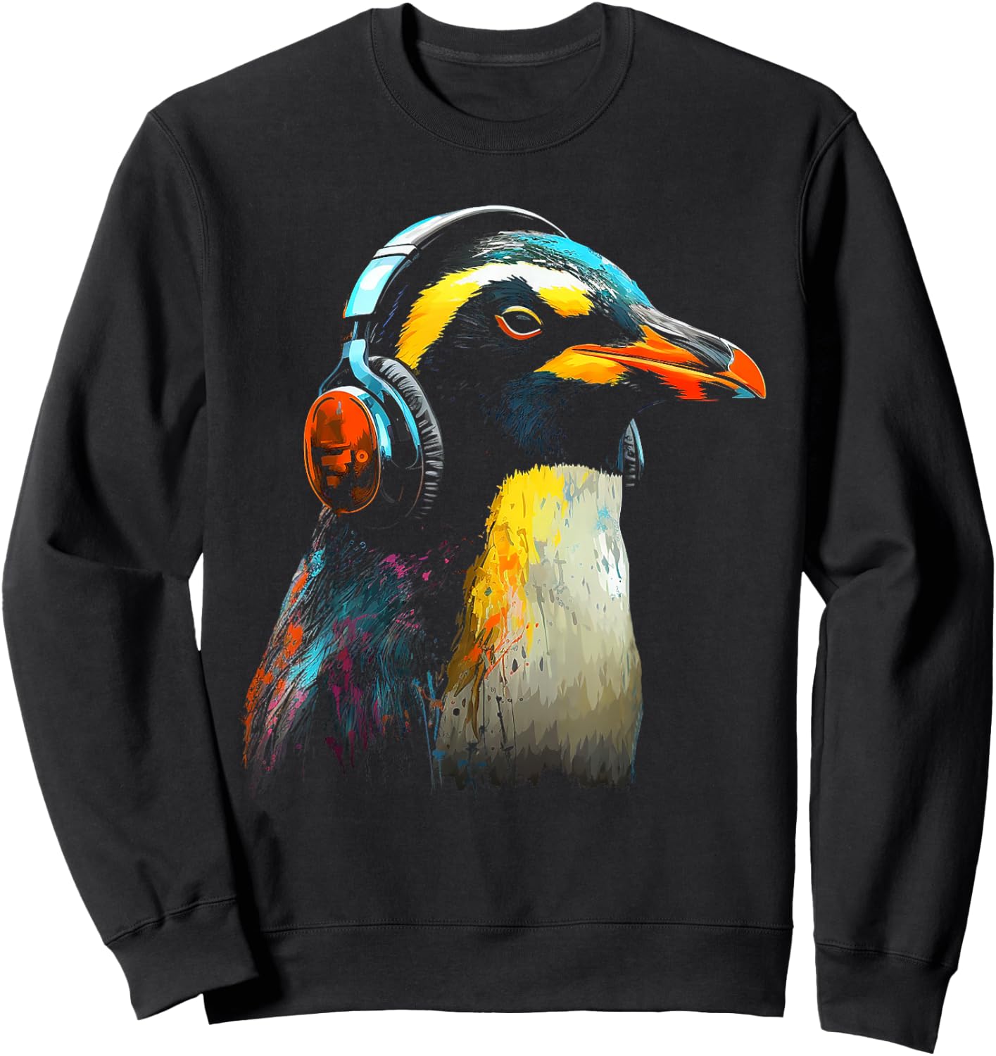 Penguin Headphones Artwork | Music Animal Motif Penguin Sweatshirt - Sweatshirt | Black