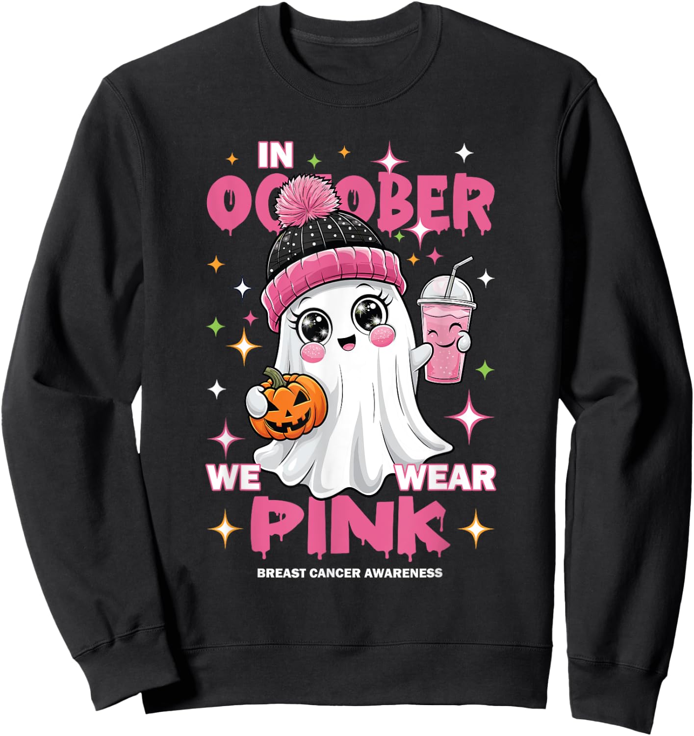 Pink October Halloween Ghost Breast Cancer Awareness Sweatshirt - Sweatshirt | Black