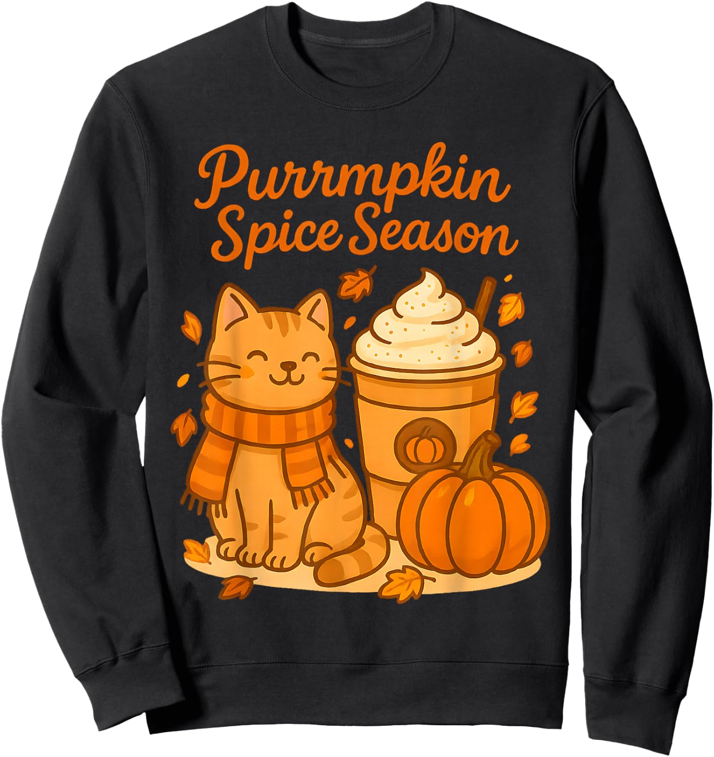 Cute Fall Cat Scarf Pumpkin Latte Purrmpkin Spice Season Pun Sweatshirt - Sweatshirt | Black