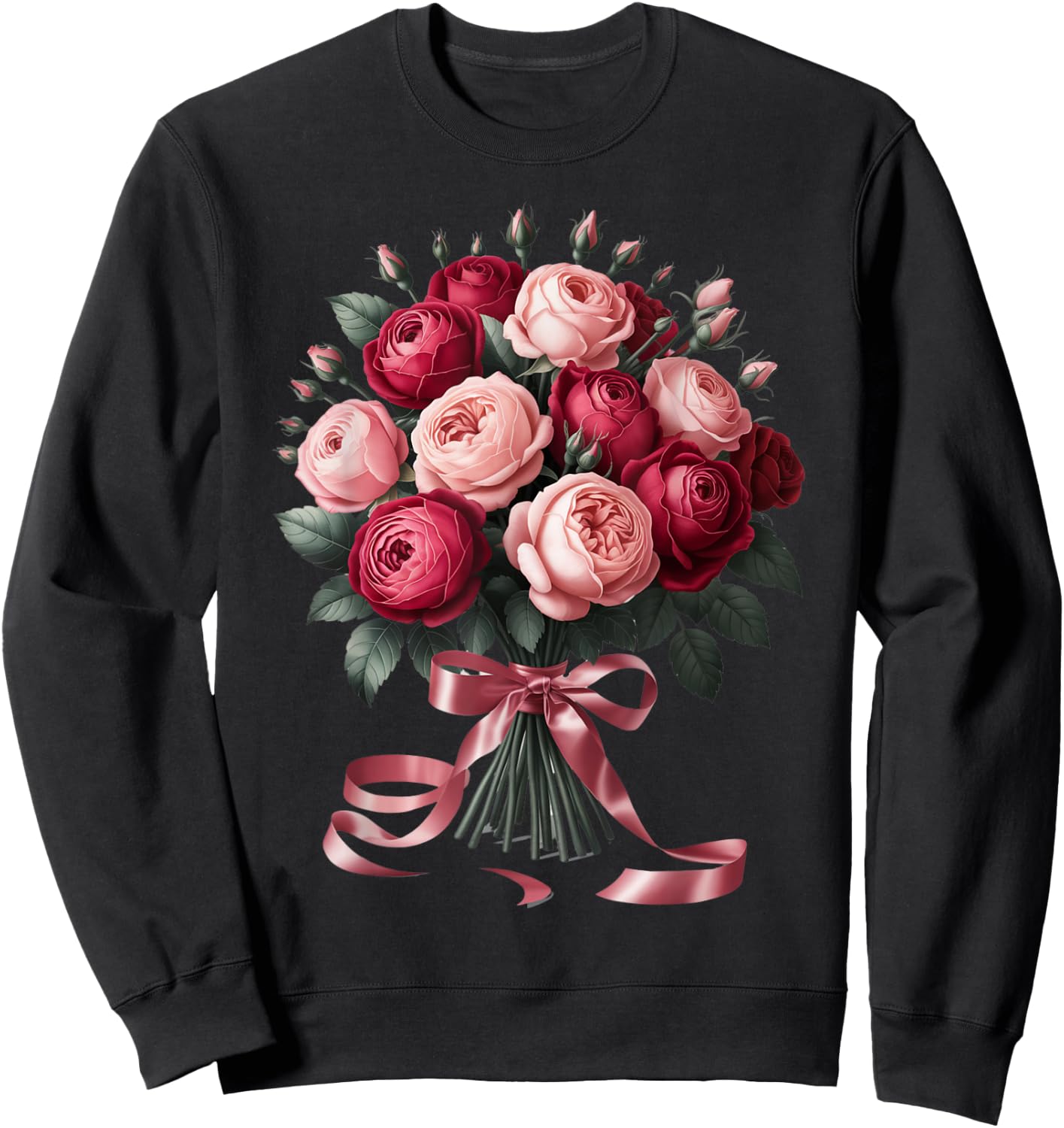 Blushing Rose Bouquet with Delicate Pink Ribbon Sweatshirt - Sweatshirt | Black