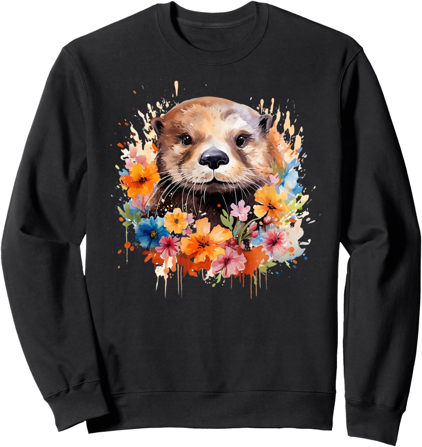 Floral Otter Face Watercolor Painting Sea Otter Portrait Sweatshirt - Sweatshirt | Black