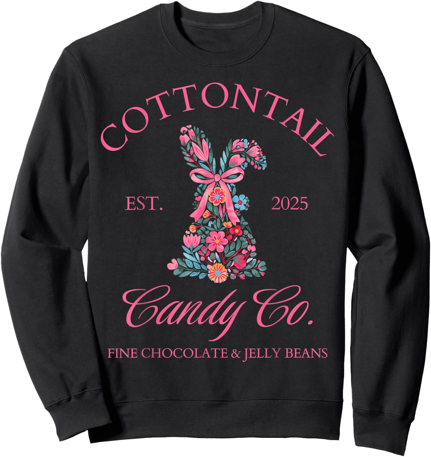 Easter Bunny Cottontail Coquette Bow Floral Girls Top Sweatshirt - Sweatshirt | Black