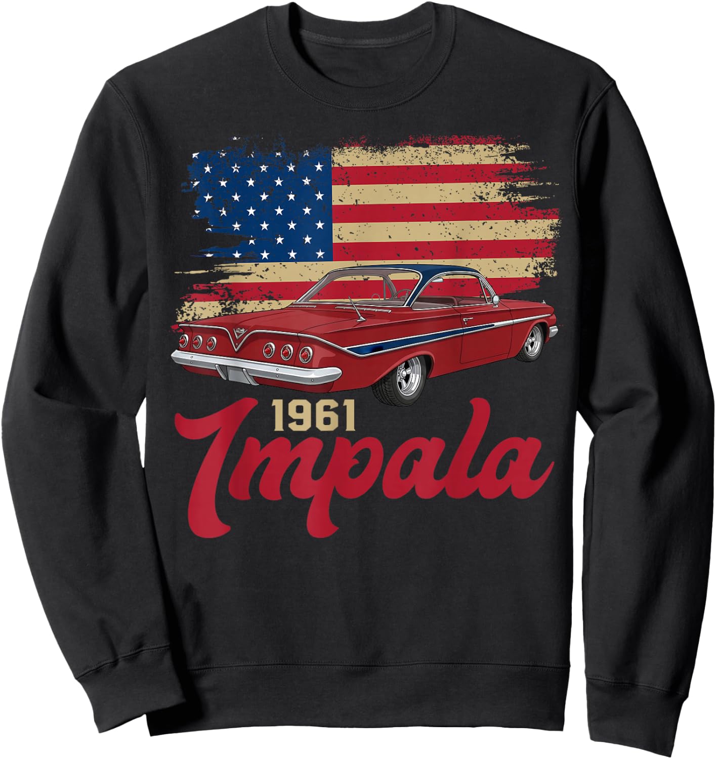 1961 61 Impala Old School Muscle Car American Flag Sweatshirt - Sweatshirt | Black