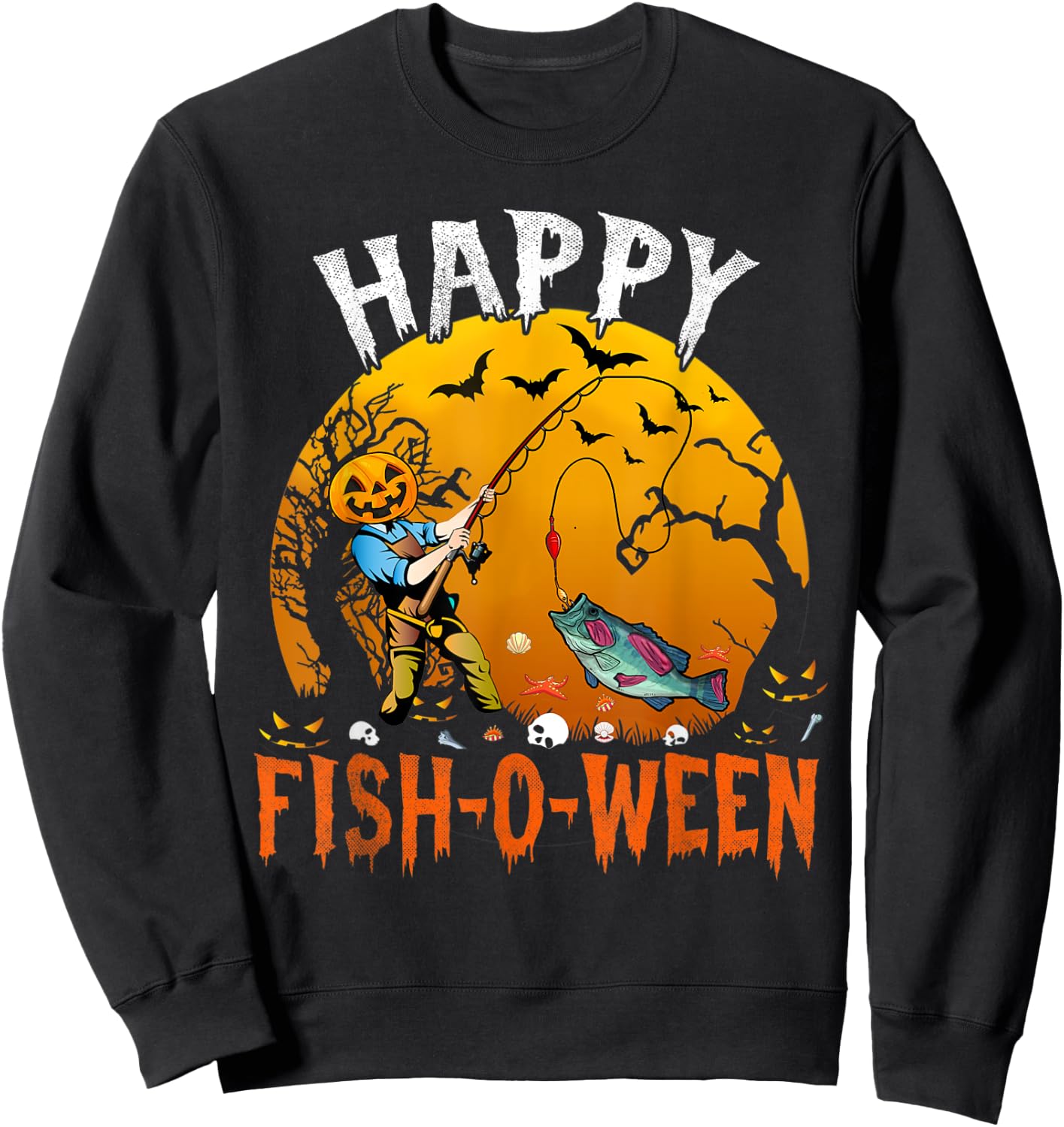 Happy Fish-o-ween Halloween Funny Fishing Fisherman Costume Sweatshirt - Sweatshirt | Black