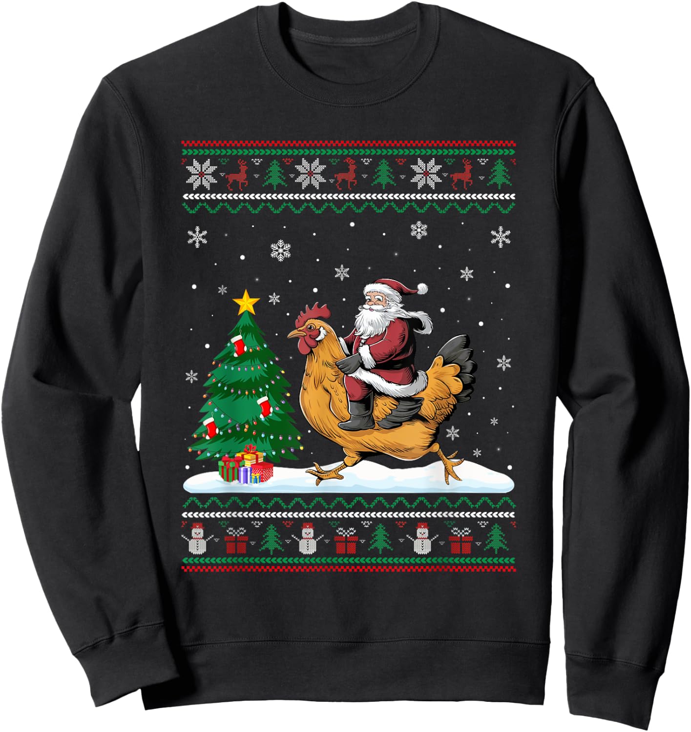 Ugly Christmas Tree Lights Xmas Santa Riding Chicken Sweatshirt - Sweatshirt | Black