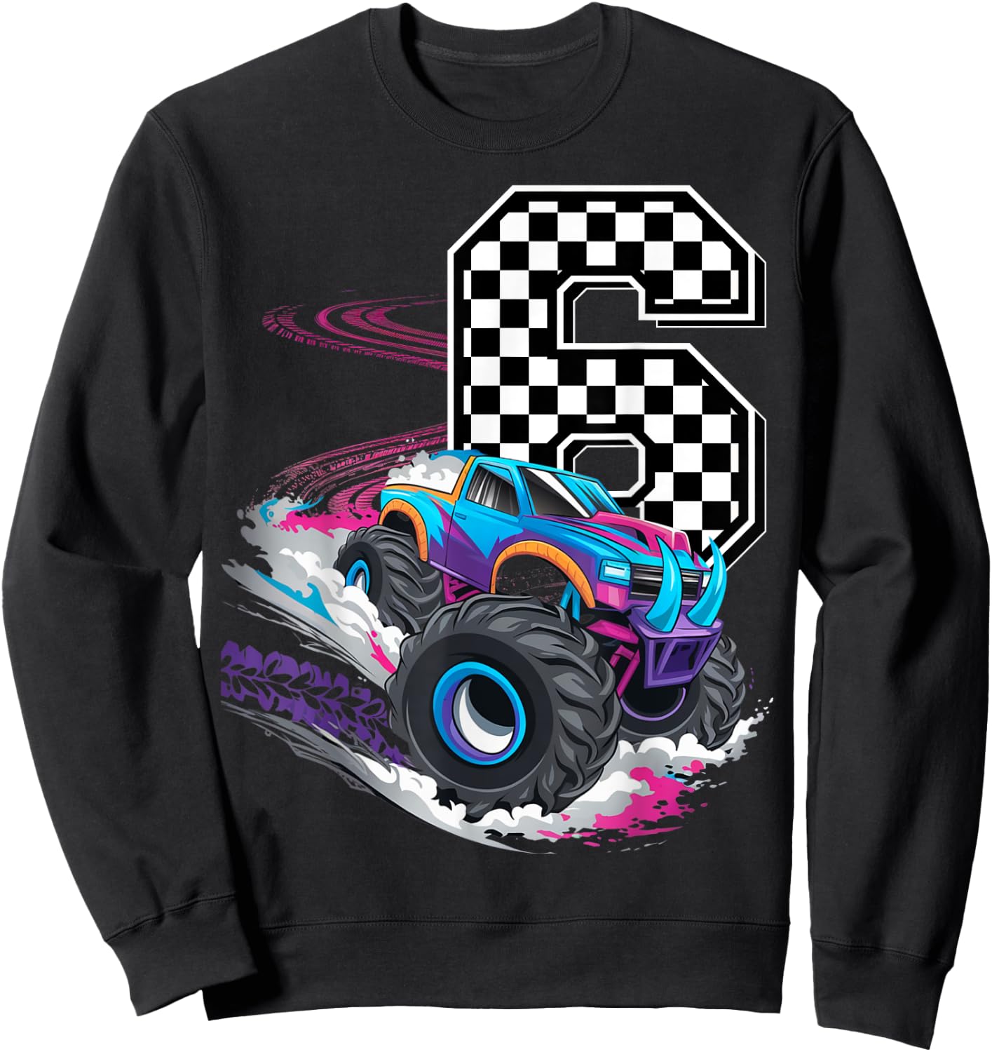 6th Birthday Monster Truck Boys 6 Six racing car flag Kids Sweatshirt - Sweatshirt | Black