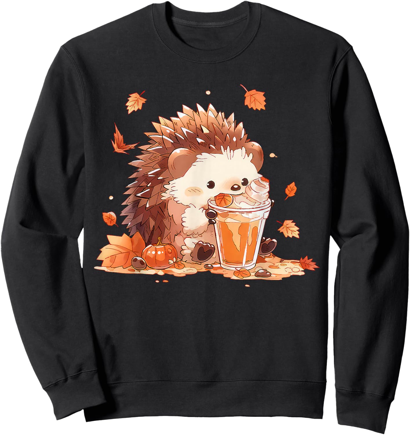 Cute Hedgehog Drinking Coffee Latte Fall Autumn Thanksgiving Sweatshirt - Sweatshirt | Black