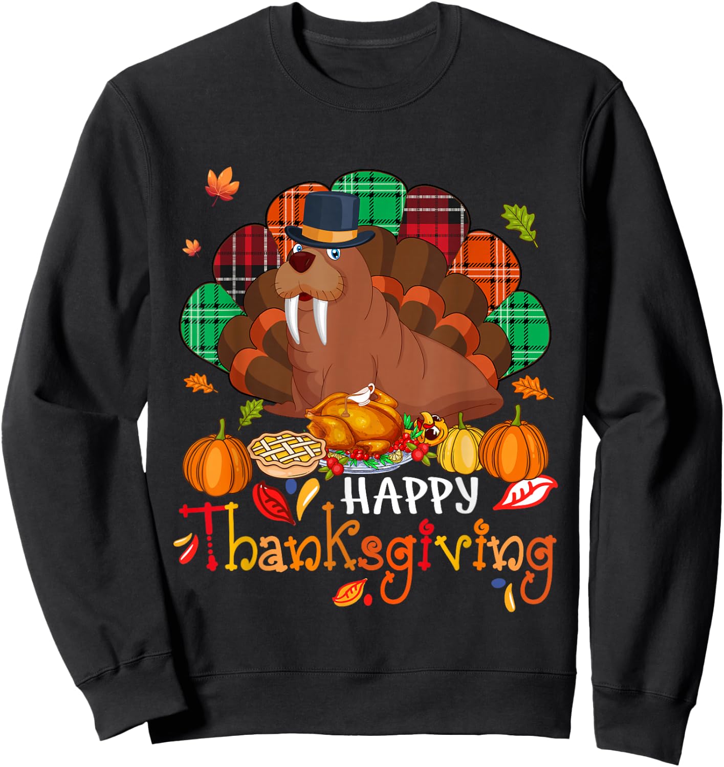 Happy Thanksgiving Cute Walrus Cosplay Turkey With Dinner Sweatshirt - Sweatshirt | Black
