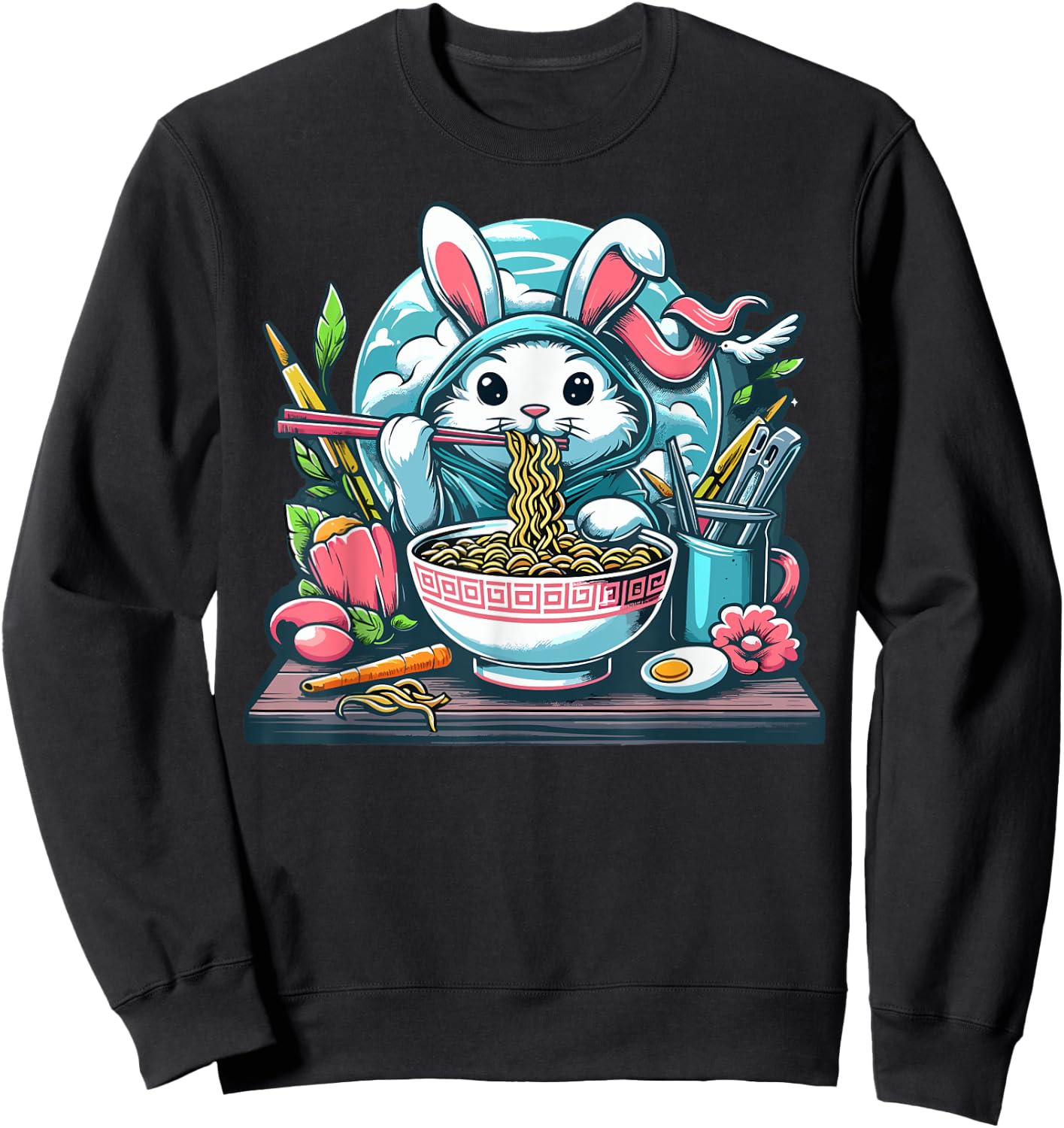 Easter Bunny Anime Eating Ramen Noodles Kawaii Rabbit Sweatshirt - Sweatshirt | Black