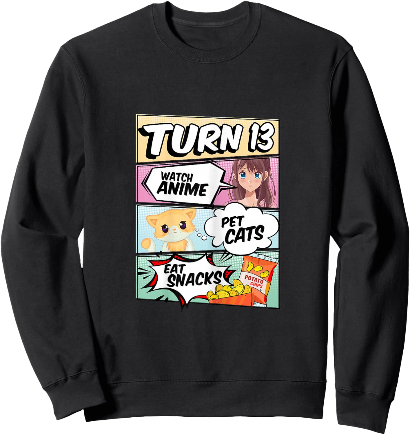 13th Birthday Anime Girl turns 13 pet cats watch anime Sweatshirt - Sweatshirt | Black