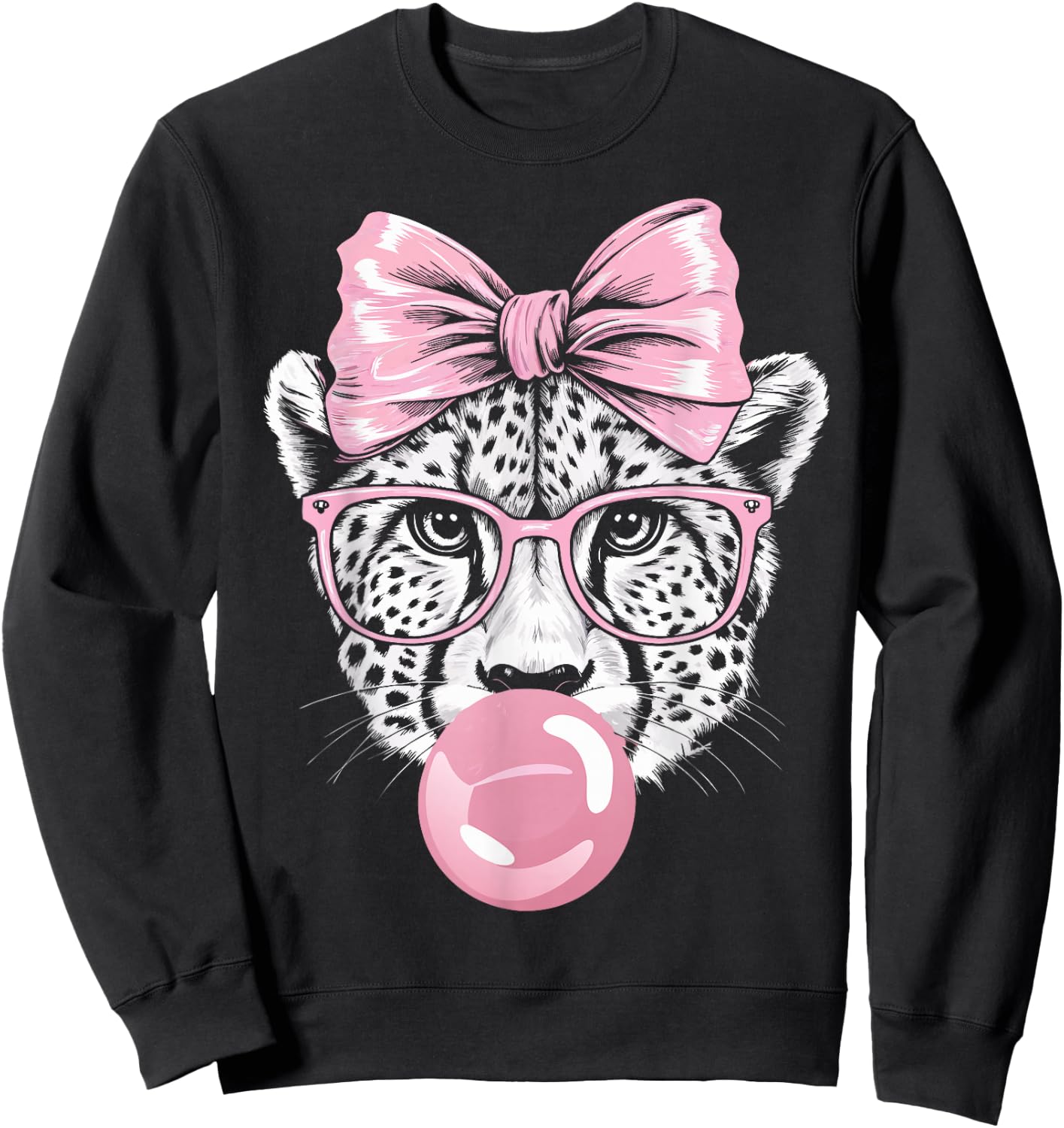 Cheetah Wearing Glasses and Blowing Pink Bubble Gum Sweatshirt - Sweatshirt | Black
