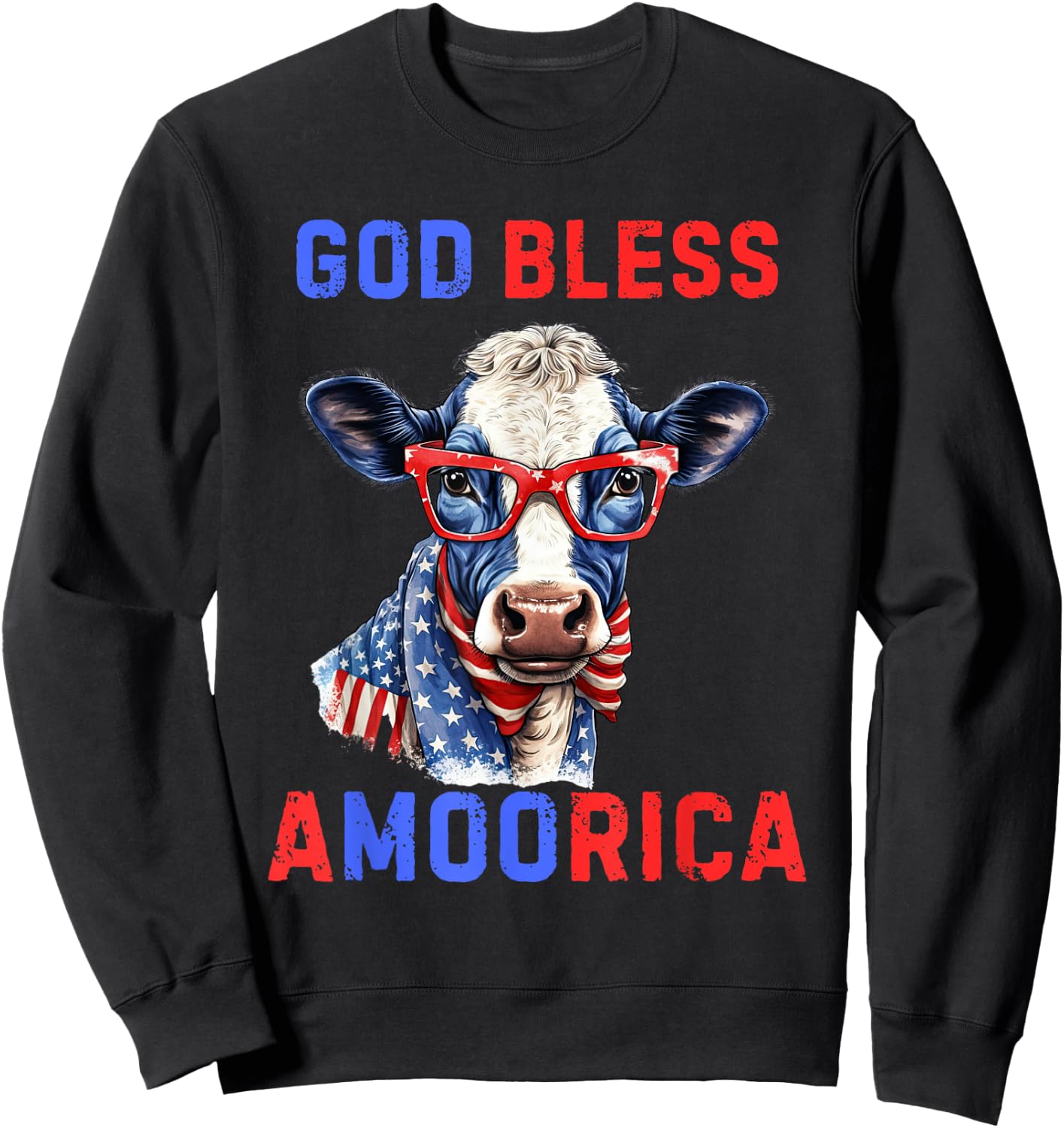 God Bless A Moo Rica Funny 4th of July USA Patriotic Cow Kids Men Sweatshirt - Sweatshirt | Black